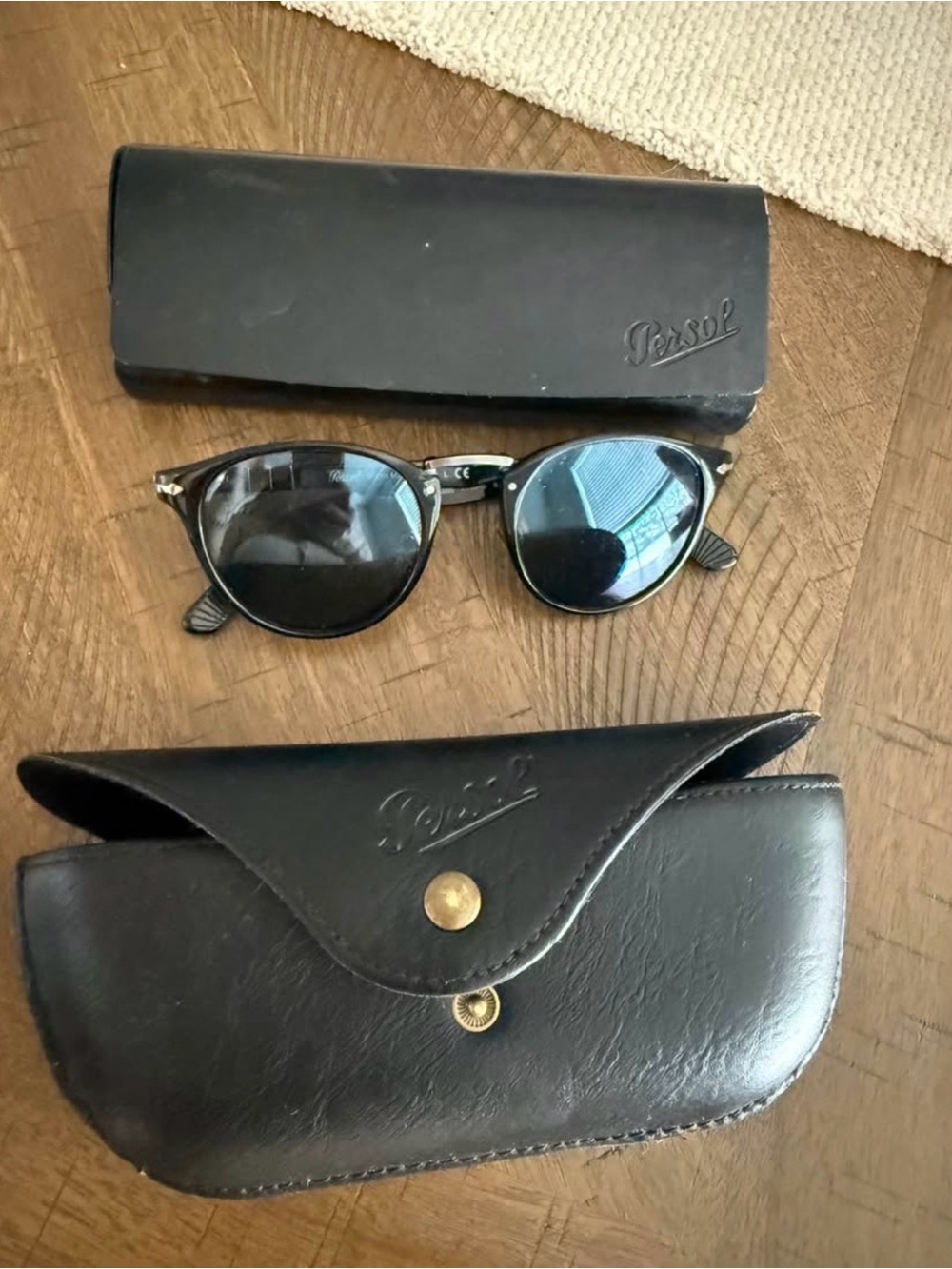 Persol Black Round Sunglasses with Leather Case Duo